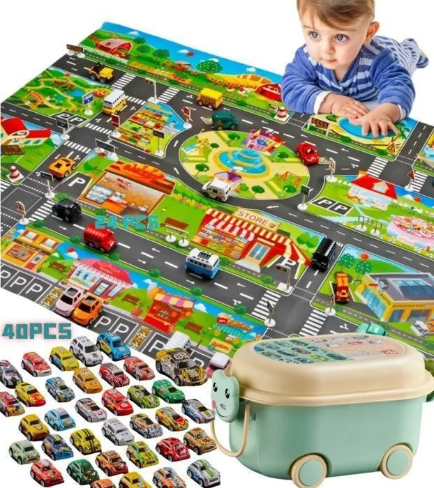 Jouet pour Enfants 3 4 5 6 7 ans,Lot de 40 Mini voiture et Tapis de jeu de Circulation pour Enfant Garcon,51.18 "x 39.37"-0