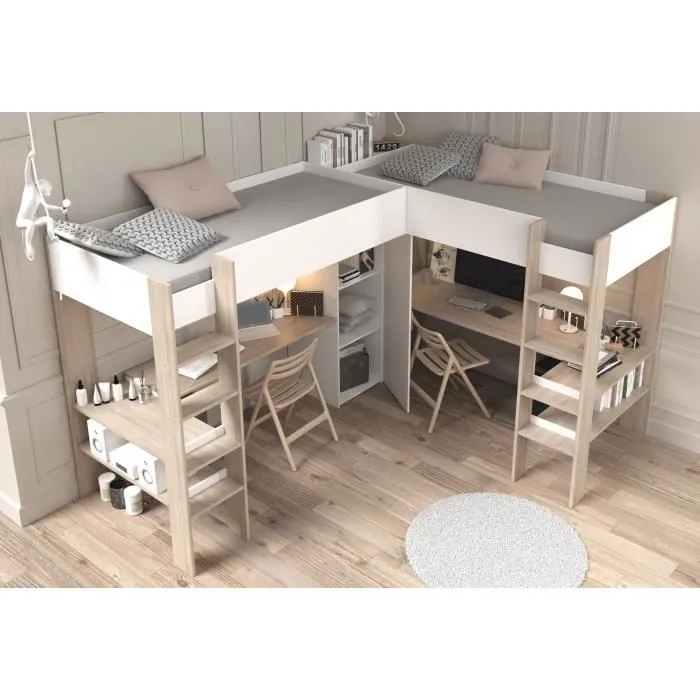 Lit double mezzanine combiné enfant ALEXANDRA avec 2 bureaux et rangements - 2x90x200 cm - Blanc/Chêne - Sommiers inclus - PARISOT-1
