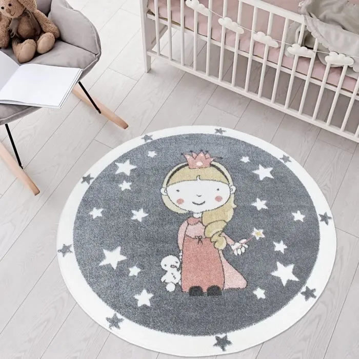 Tapis - IMAGINE - Rond pour chambre d'enfant - Gris et Bordures Blanches - 120x120cm-1