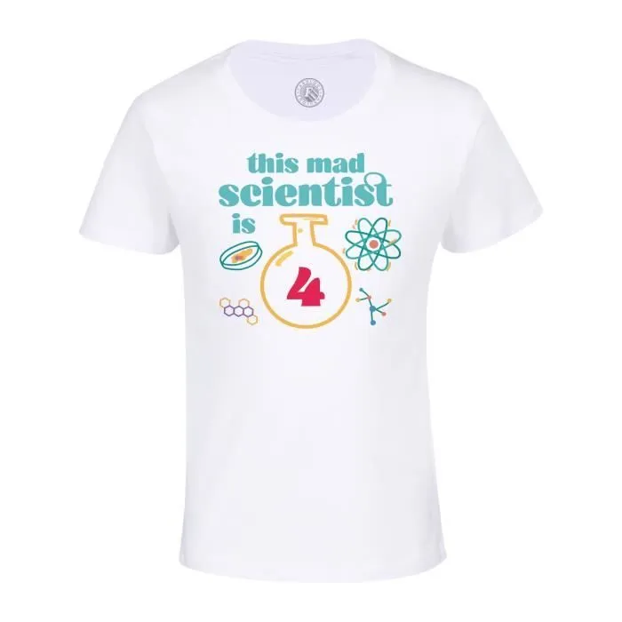 T-shirt Enfant Blanc This Mad Scientist is 4 Anniversaire Celebration Cadeau Anglais Science Theme-0