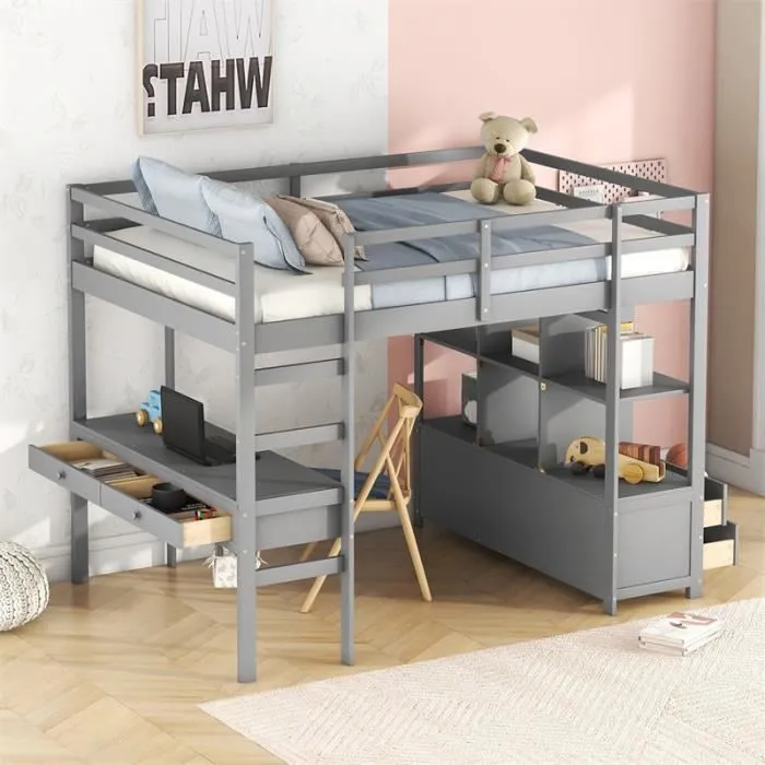 Lit mezzanine pour enfant - lit surélevé avec tiroirs de rangement, bureau et bibliothèque de rangement sous le lit - gris 140x200cm-1