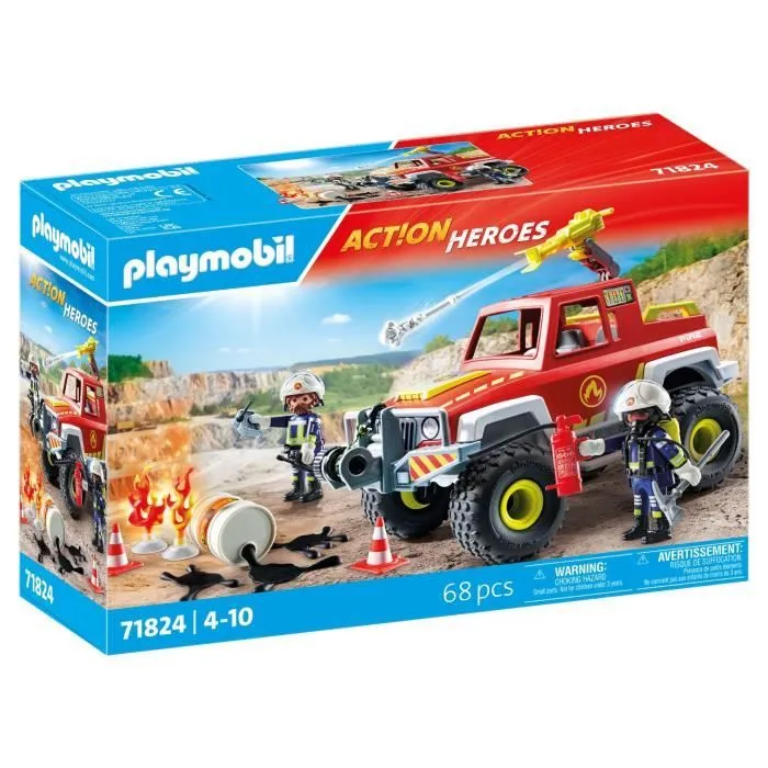 PLAYMOBIL 71824 Véhicule de pompiers avec bidon d'essence enflammé, Action Heroes, Les pompiers, 68 pièces, Dès 4 ans-0