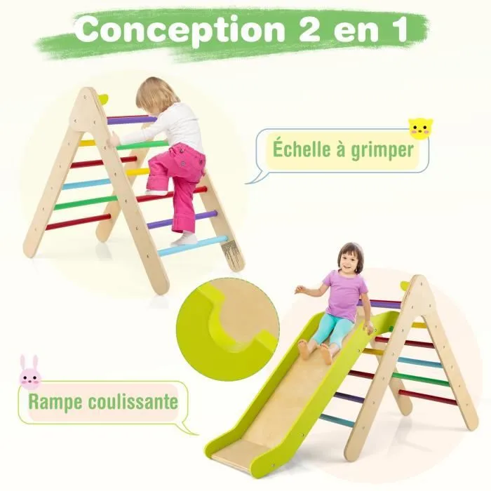 COSTWAY Toboggan 2 en 1 avec Triangle d'Escalade en Bois, Pente de Toboggan Réglable, pour Enfant 1 An +-2