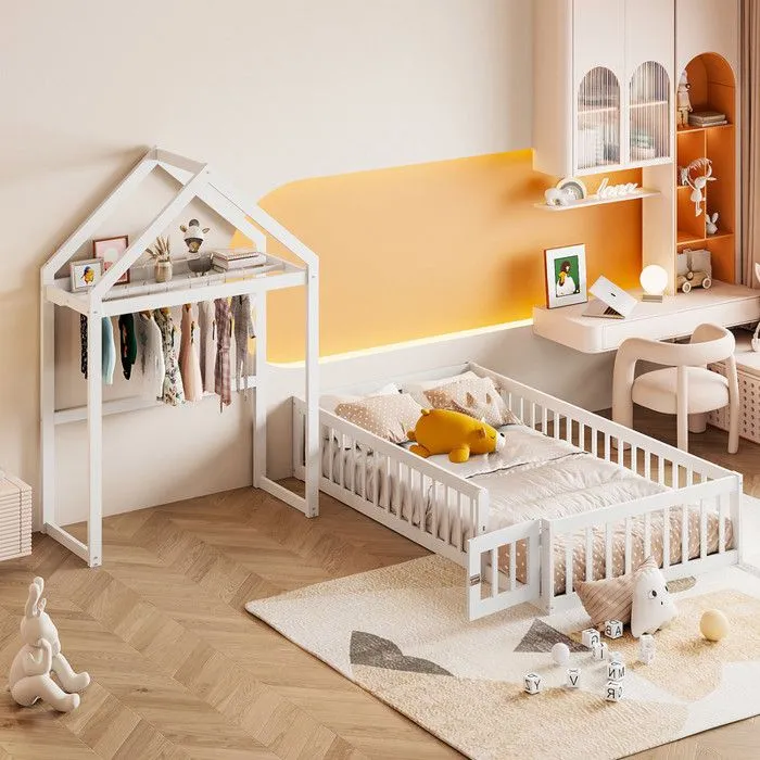 MODERNLUXE Lit enfant 90x200cm, Lit cabane cadre de en bois massif avec espace de rangement, blanc-2