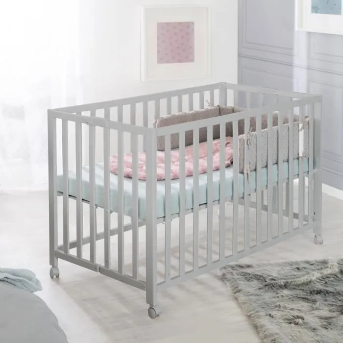 Lit Bébé Pliant en Bois Massif ROBA - Fold Up - Hauteur Réglable - Roulettes à Freins - Taupe-1