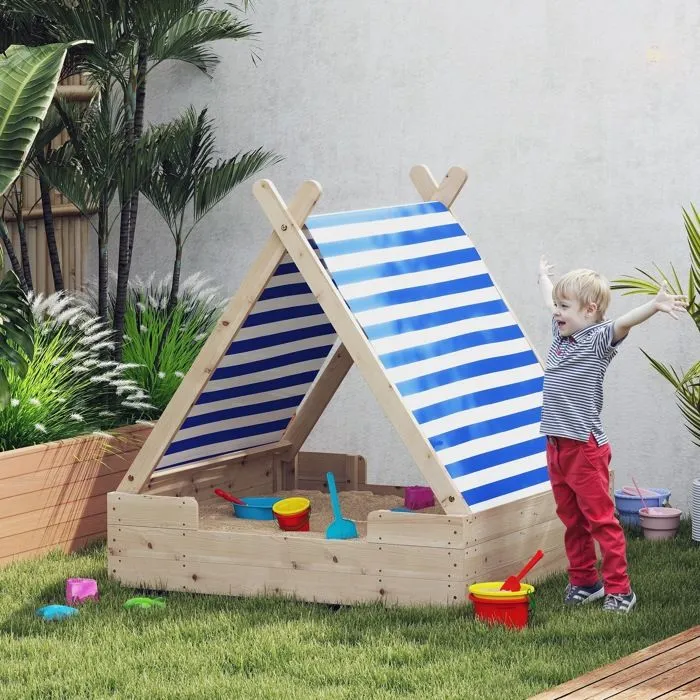 Bac à sable en bois - AIYAPLAY - pour enfants 3-6 ans - auvent amovible, résistant aux intempéries, 120 x 120 x 126,5 cm - naturel-2