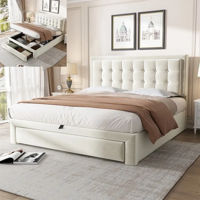 Lit coffre 140×190 cm,Lit rembourré avec sommier à lattes et tête de lit, lit double,beige-0