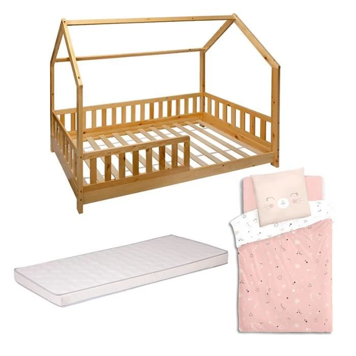 Lit enfant avec matelas et parure de lit Chat-0