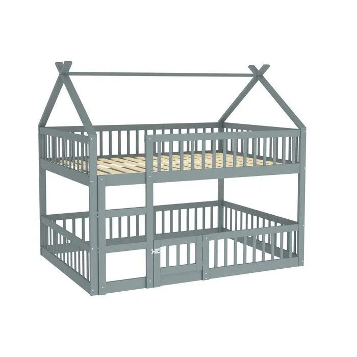 Lit superposé enfant 140x200cm - avec escalier - design loft - bois massif - gris-3