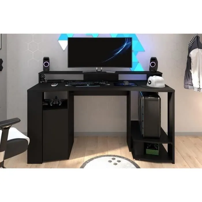 Bureau gaming LED droit - Noir - L 152 x P 61,5 x H 86,7 cm - Grande zone de jeu - GAMING-5