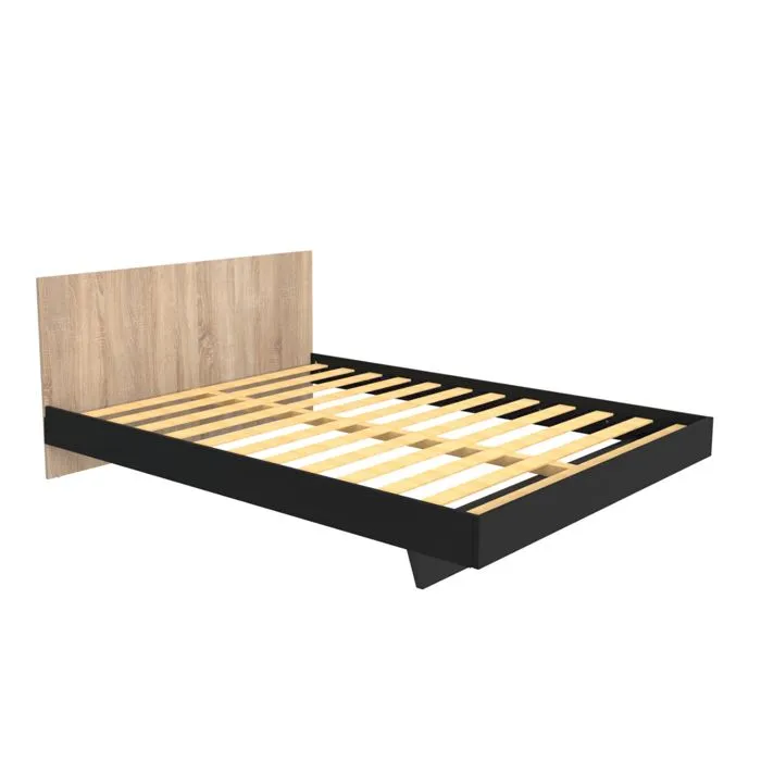 Lit double - LEQUAIDESAFFAIRES - LOFT 160x200 - Noir & chêne blanchi - A lattes - Classique - Intemporel-1