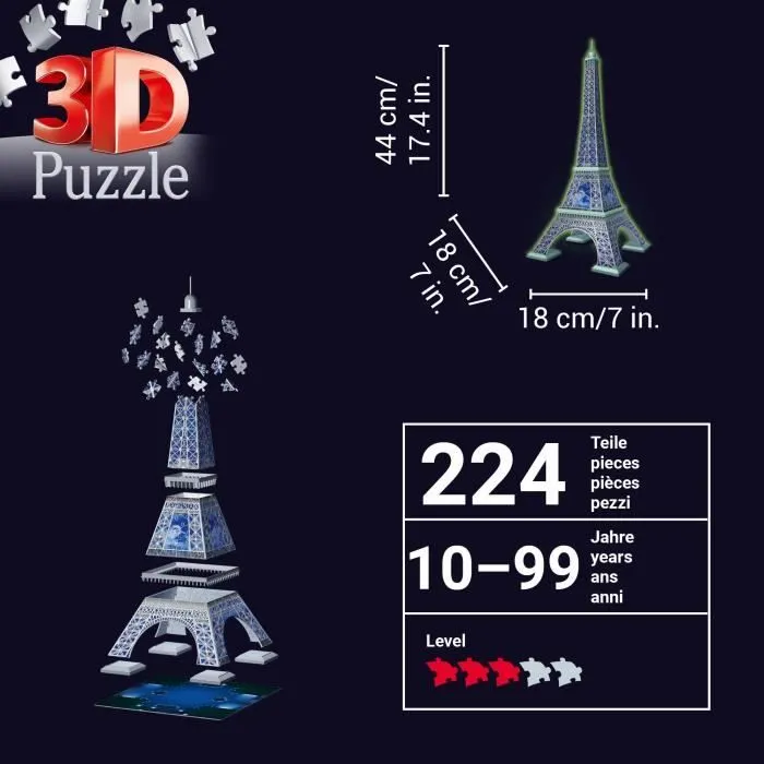Ravensburger-Puzzle 3D Tour Eiffel phosphorescente 50 ans-Dès 10 ans-216p numérotées à assembler sans colle-Accessoires inclus-11591-4