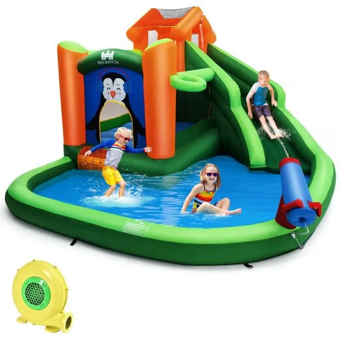 COSTWAY Château Gonflable Motif de Pingouin avec Souffleur 680W Toboggans Aquatiques,Canon à Eau,Panier de Basket-ball 3-10 Ans Vert-0