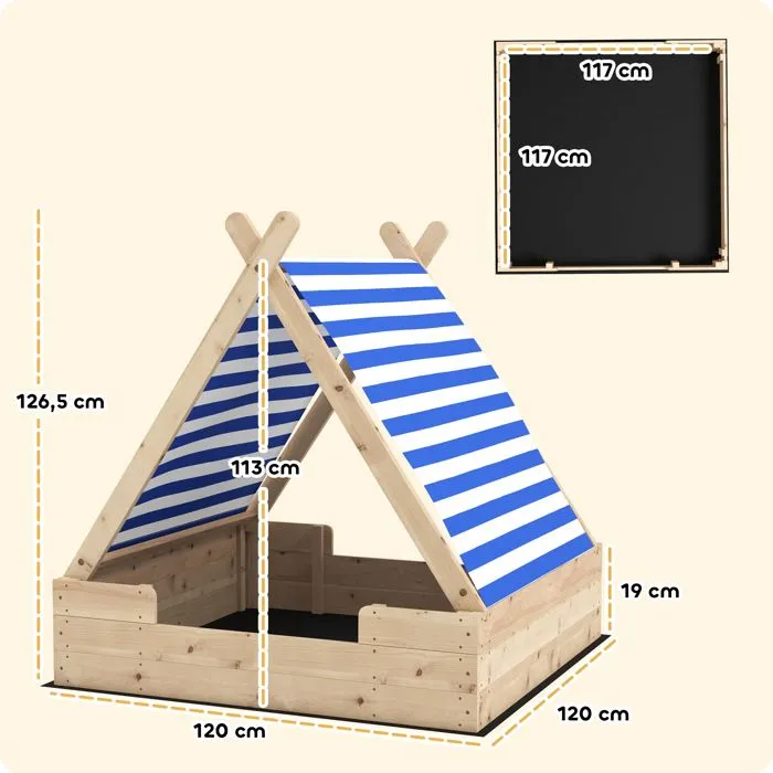 Bac à sable en bois - AIYAPLAY - pour enfants 3-6 ans - auvent amovible, résistant aux intempéries, 120 x 120 x 126,5 cm - naturel-3