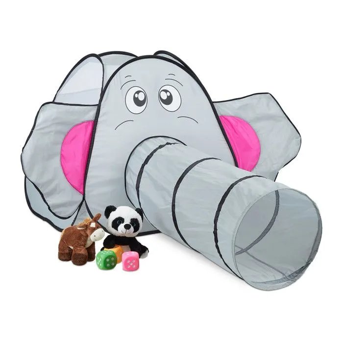 Relaxdays Tente pour enfants en forme d’éléphant, avec tunnel, HxLxP : 92 x 155 x 200 cm, intérieur et extérieur, grise-0
