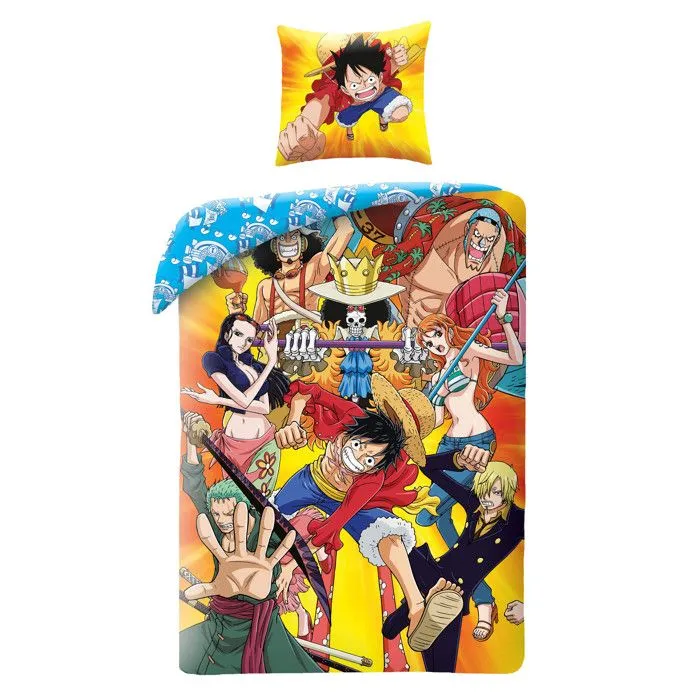 One Piece, Parure de Lit Enfant Imprimée Réversible, Modèle Luffy Equipage, Housse de Couette 140x200 cm, Taie d’Oreiller 63x63 cm-1