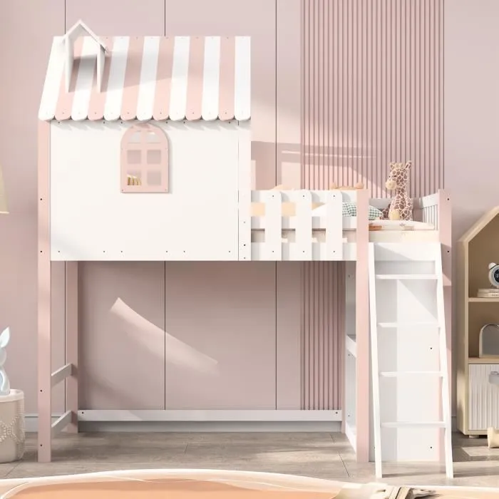 Lit mezzanine - Enfant - 90x200cm - Bois massif - Rose - Échelle de sécurité-1