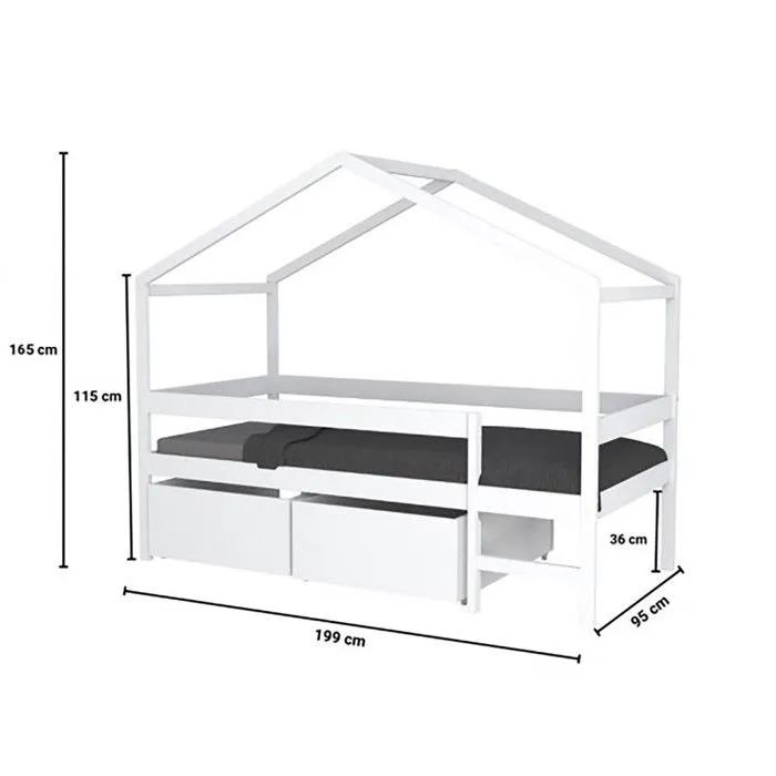 Lit cabane MIKA 90x190 + sommier + 2 tiroirs / Blanc-3