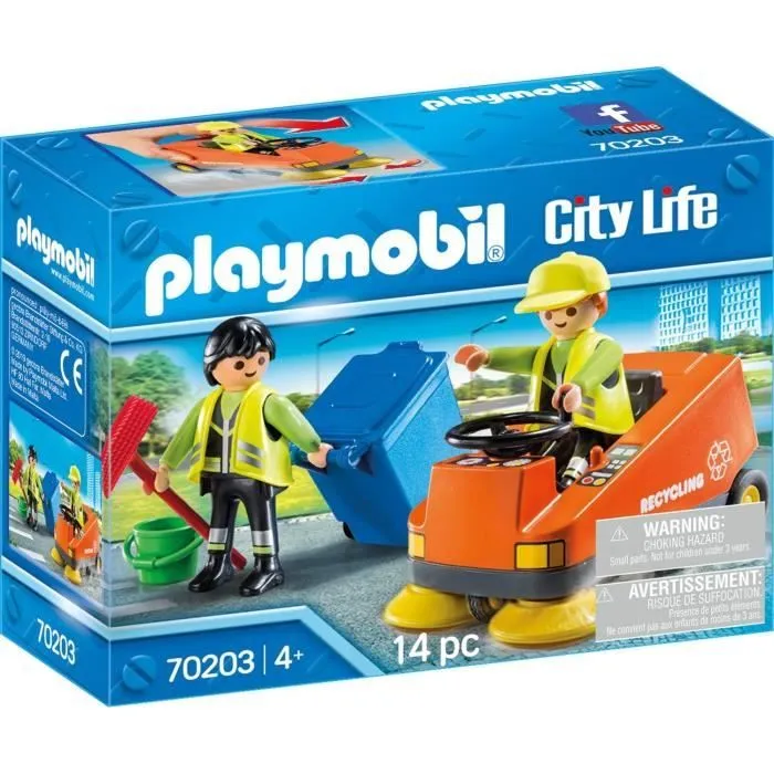 PLAYMOBIL - City Life - Agents d'entretien voirie - Véhicule de nettoyage et accessoires-0