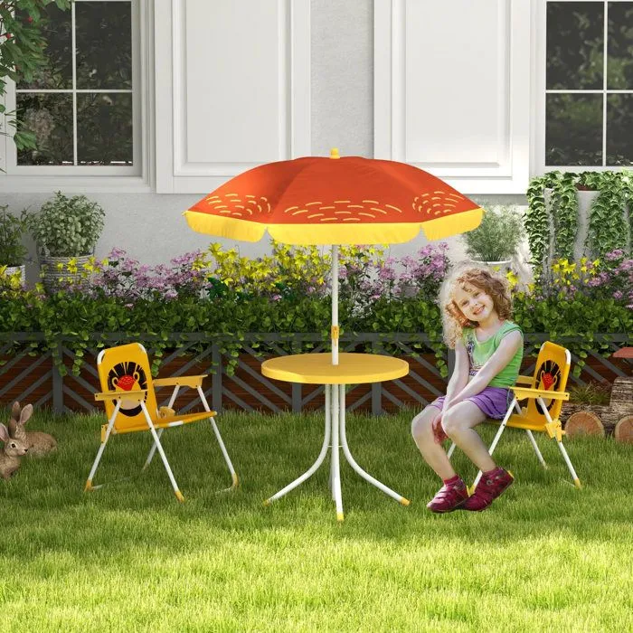 Ensemble salon de jardin enfant 4 pcs design lion - chaises pliables - métal polyester jaune rouge-1