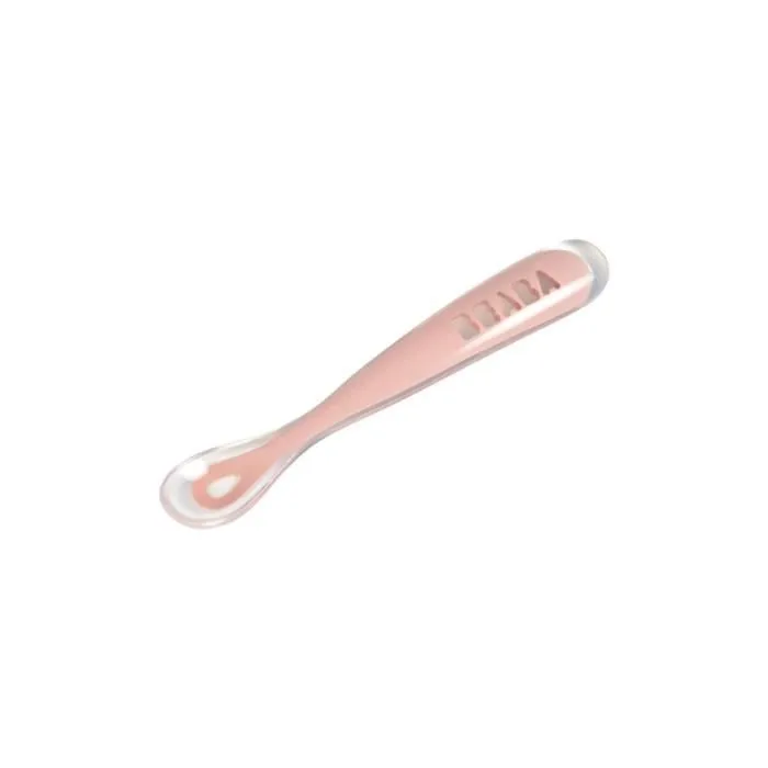 Cuillère 1er âge en silicone - BEABA - Rose - Ergonomique et souple-0