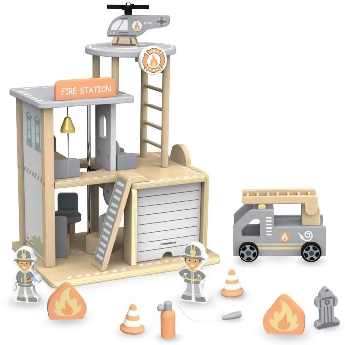 Caserne de pompiers en bois avec accessoires-0