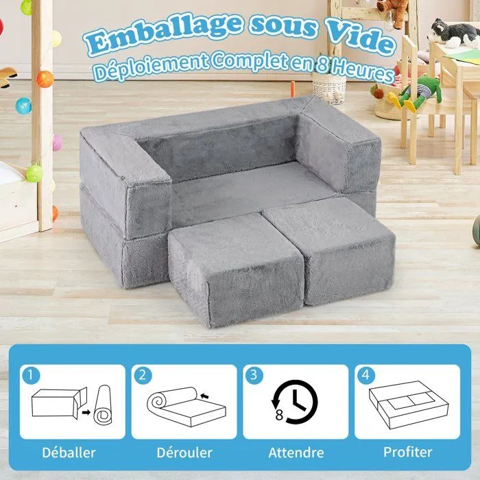 COSTWAY Canapé Modulaire pour Enfants 3 Pièces Convertible en Mousse, Canapé-lit Pliable pour Chambre, Salon, 100 x 52 x 42cm, Gris-3