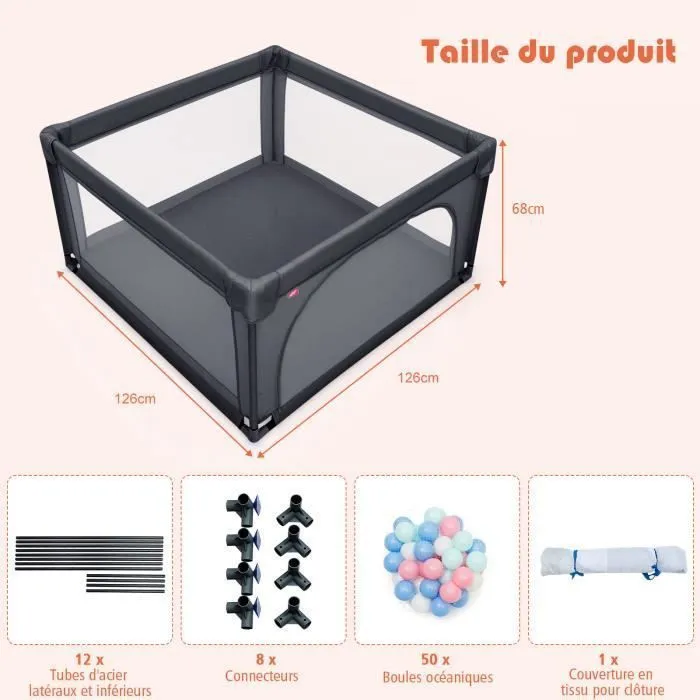 Parc Bébé 126 x 126 x 68 CM COSTWAY-50 Balles Océaniques-Filet Doux-Porte à Glissière-2 Anneaux de Traction-10 mois-6 ans-Gris Foncé-3