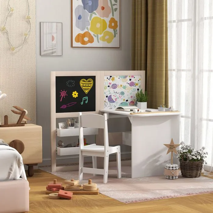 Table enfant avec chaise AIYAPLAY 3 en 1 avec chevalet pliable étagères de rangement, rouleau de papier - 3 à 8 ans, blanc-2