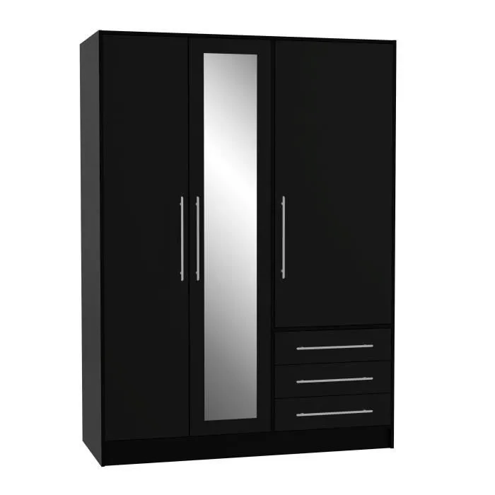 Armoire 3 portes battantes avec miroir + 3 tiroirs - Bois aggloméré - Noir - L 144,6 x P 60 x H 200 cm - JUPITER-2