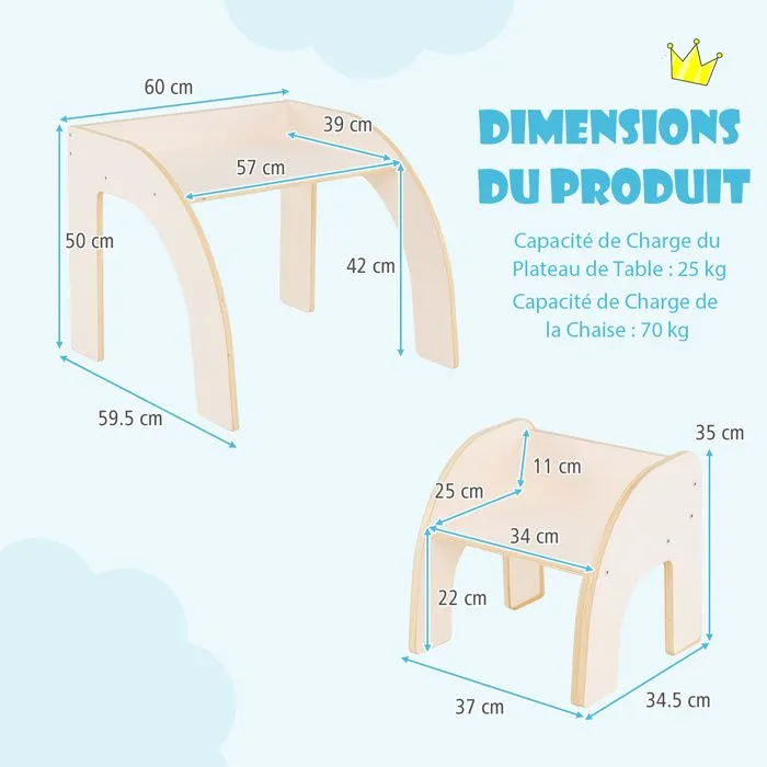 COSTWAY Table et Chaise d'Activité pour Enfants 3+ Ans avec Grand Plateau, Bords Arrondis pour Crèche, Salle de Jeu, Blanc-5