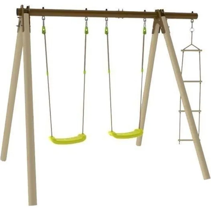 Portique bois et métal - 1,90m - 2 balançoires et 1 échelle - PIKI TRIGANO-0