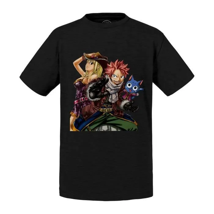 T-shirt Enfant Noir Fairy Tail Natsu Lucy Happy Manga Sorcier-0