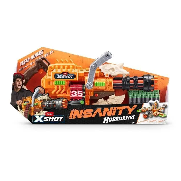 Blaster à Ceinture - ZURU - XSHOT Insanity HorrorFire Dread Hammer - Blaster avec ceinture de 35 fléchettes et portée de 30 mètres-0