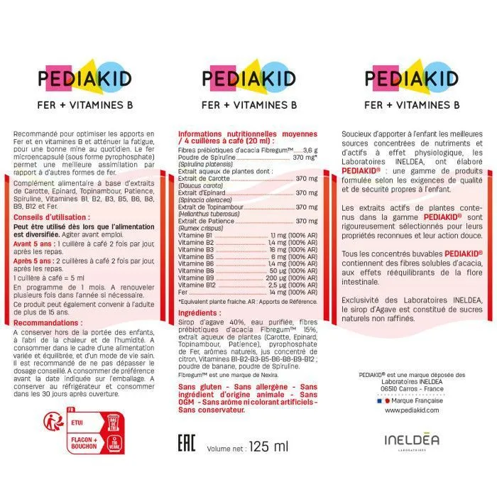PEDIAKID - Fer + Vitamines B - Formule Exclusive au Sirop d'Agave - Optimise les Apports en Fer - Goût Banane -125 ml-1