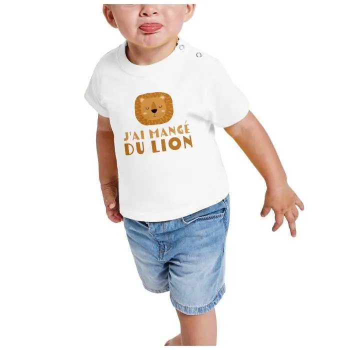 T-shirt Bébé Manche Courte Blanc J'ai mangé du Lion Enfant Dessin-1