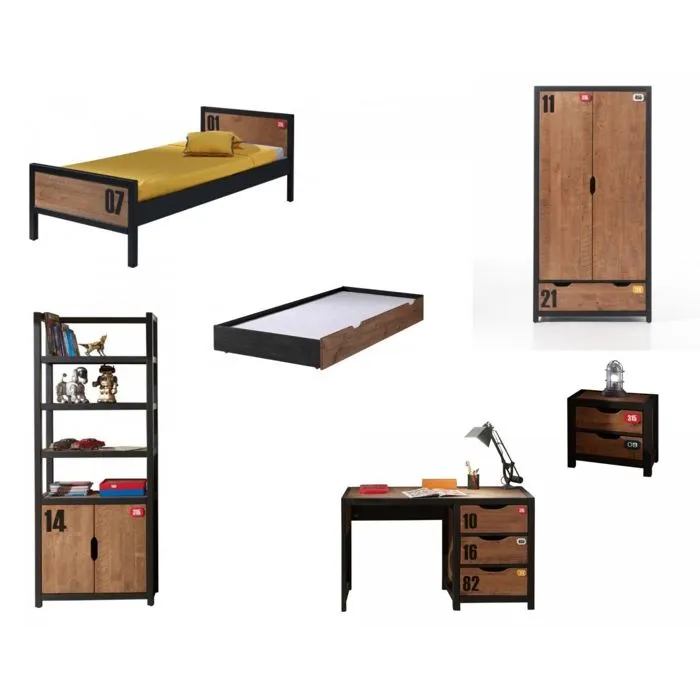 Ensemble de meubles - Alex - Bureau et Armoire - Pin Massif - Multicolore - 2 places-0