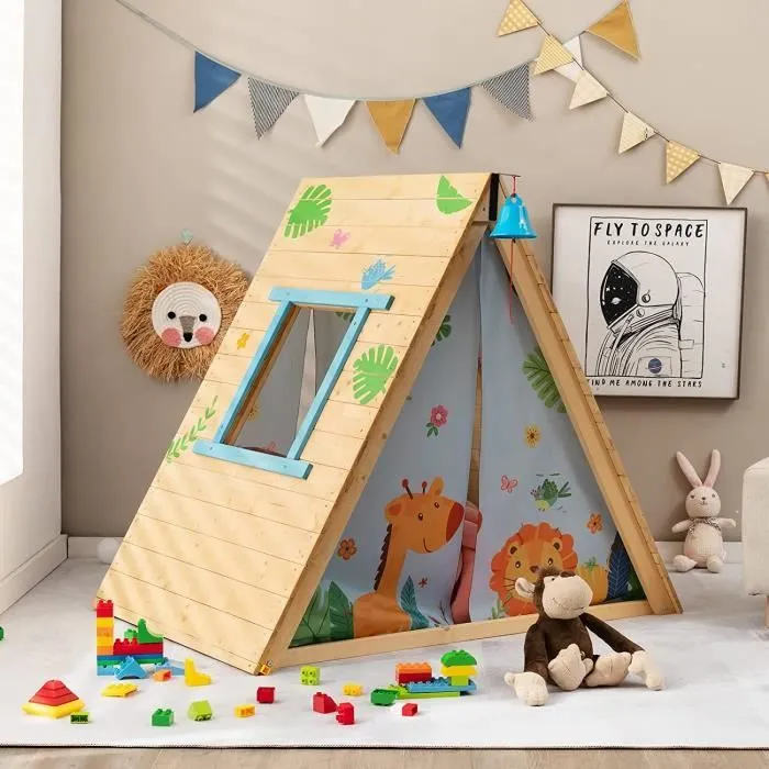 COSTWAY Maison de Jardin Enfants 2en1 avec Escalade, Cloche Imperméable Cabane en Bois de Sapin Exterieur et Intérieur 3 - 8 Ans-1
