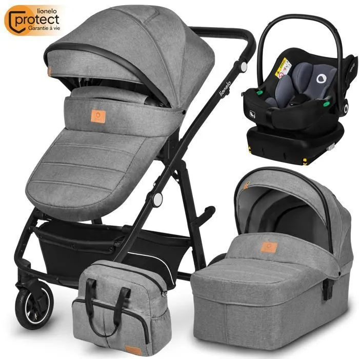Poussette combinée 4en1 LIONELO Bianka -Jusqu'à 22Kg - Pack poussette, Nacelle, Siège auto, Base ISOFIX, sac et accessoires - Gris-0