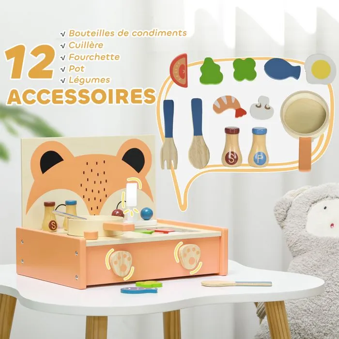 Mini-cuisine en bois - AIYAPLAY - jouet enfant motif renard 12 accessoires - poêle spatule condiments fruits légumes - pour 3-5 ans-5