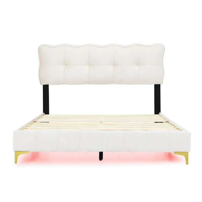 Lit rembourré 140 x 200 cm, avec éclairage LED, style moderne, avec sommier à lattes, beige (sans matelas)-2