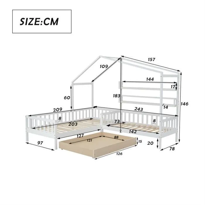 Lit cabane enfant - DREAMMESPACE - 90x200 cm - avec tiroirs et étagères - cadre en L - bois massif blanc-3
