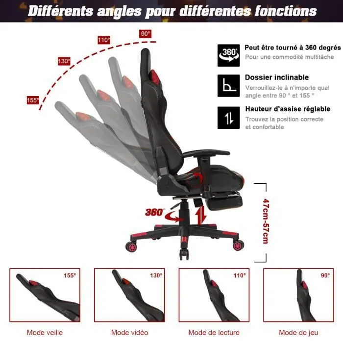 COSTWAY Chaise Gaming RVB , Fauteuil Gamer Éclairage LED 358 Effets en PU avec Dossier, Hauteur et Repose Pieds Réglable Rouge-2