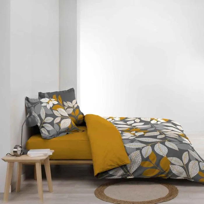 Housse de couette - Percale 78 fils - Feuilles jaunes blanches et grises - Gris 240 x 220-3