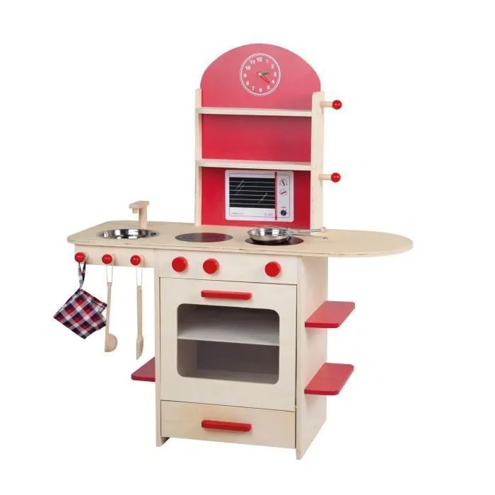 Cuisine Enfant en Bois ROBA - Naturel/Rouge - Jeu de rôle avec Four, Plaques de Cuisson, Évier et Robinet-0