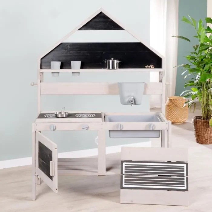 ROBA Jeu Cuisine Enfant en Forme de Maison pour Extérieur - Jouet d'Imitation avec Accessoires - Bois Massif Gris-1