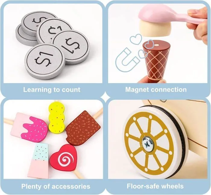 Marchande Enfant en Bois Mamabrum - Marchande Glace sur Roues avec Accessoires, Jouet en bois, Jouet éducatif pour Enfant 3+ans-3