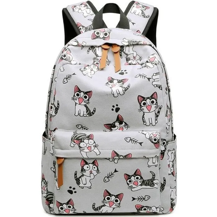 Sac À Dos Filles Chat - AMOUNE - Primaire - Gris - Toile-0