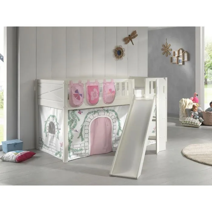 Lit Mezzanine avec Toboggan et Rideau Birdy - Vipack - Scott - Blanc - Enfant - 207x203x114cm-1
