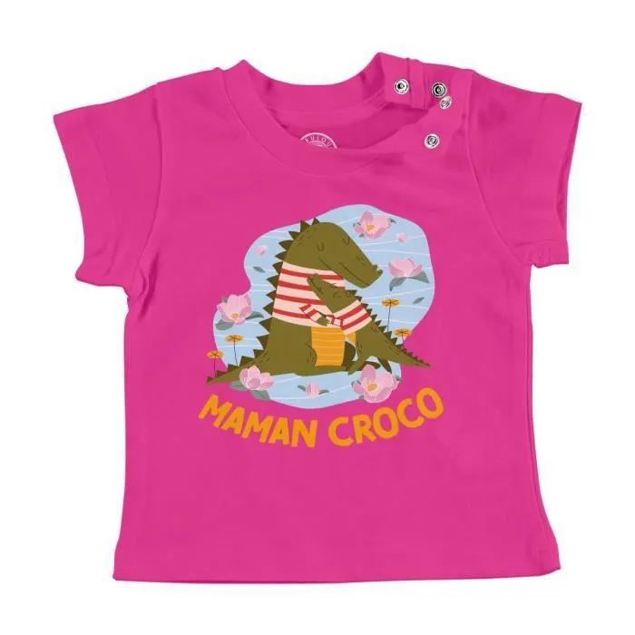 T-shirt Bébé Manche Courte Rose Odile la Maman Crocodile Dessin Illustration-0